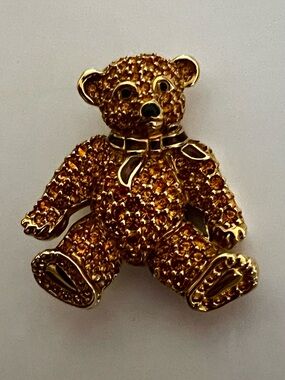 SWAROVSKI Crystal Amber TEDDY BEAR BROOCH PIN Gold-Tone Swan Signed